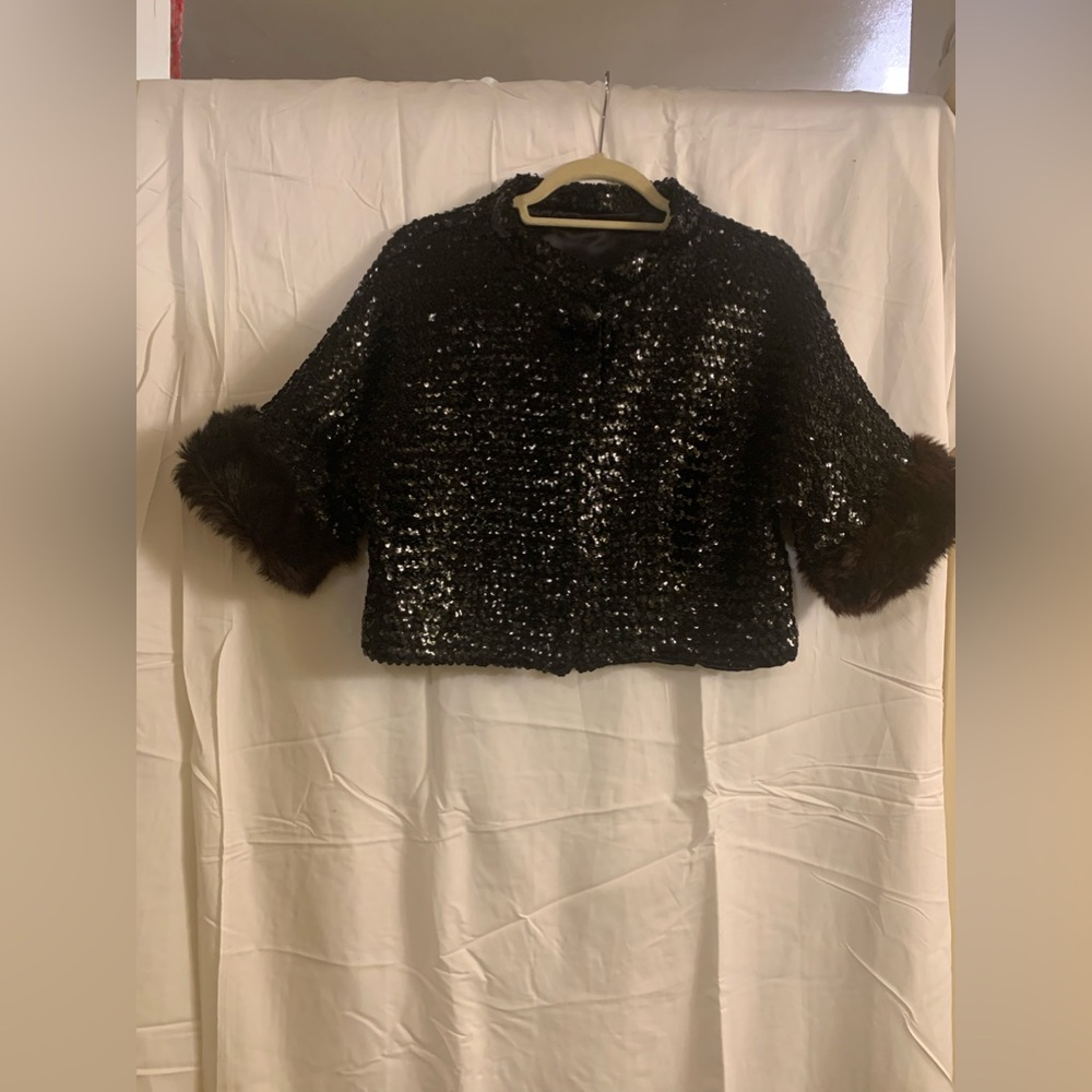 1960 Vintage Beautiful Sequins Short Sleeve With Fur Open Front Swing Jacket